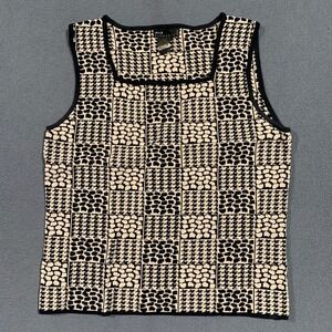 Multi Pattern Petite Womens Tank Top P/M Black Cream Houndstooth Patchwork Knit